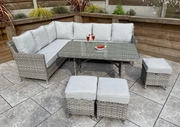 Edwina Corner Dining Set in 3-Wicker Special Grey Weave with Gas Firepit