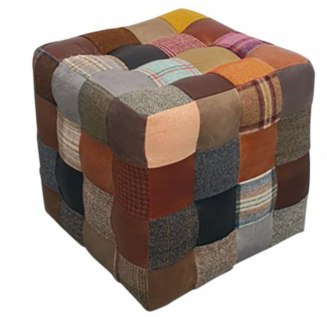 Mixed Leather and Tweed Patchwork Cube Footstool – Kubek Furniture