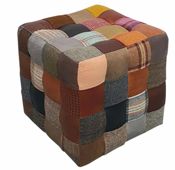 Mixed Leather and Tweed Patchwork Cube Footstool