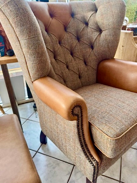 Clearance Grand Wing Chair in Gamekeeper Thorn and Brown Leather