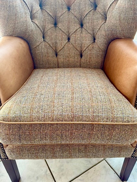 Clearance Grand Wing Chair in Gamekeeper Thorn and Brown Leather