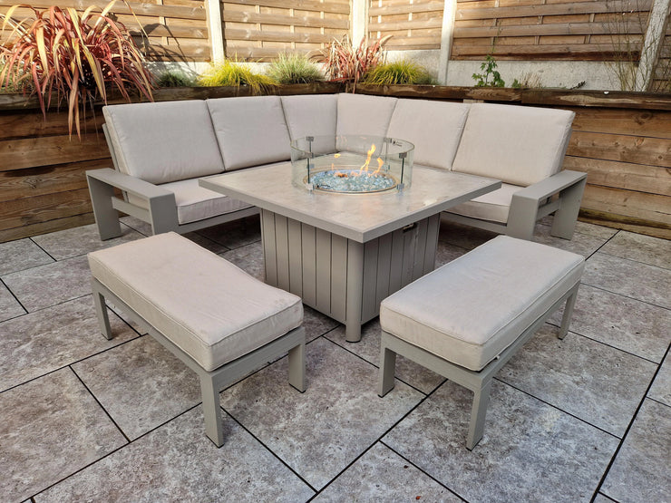 Venus Corner Sofa Dining Set with Gas Firepit and Dining Chairs