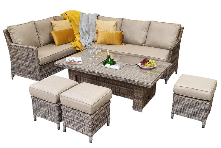 Edwina Sofa And Dining Set In Nature Weave - Adjustable Table And Ice Bucket - Kubek Furniture